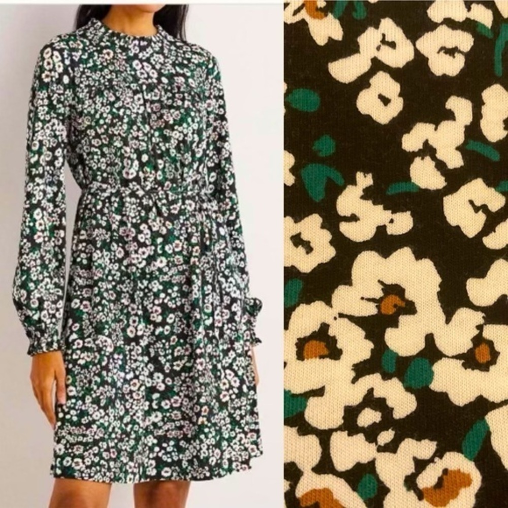 Boden Black Floral Mini Dress with Green and Cream Accents